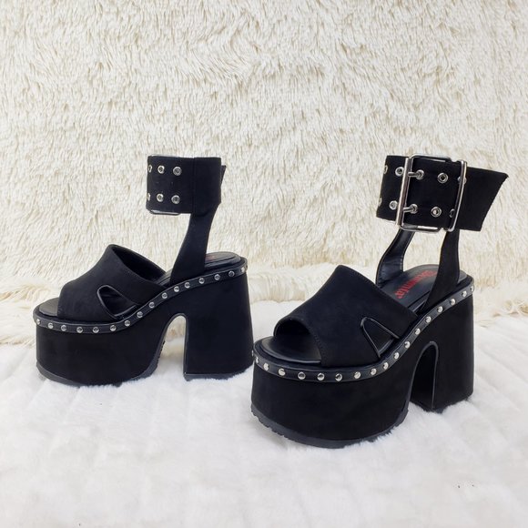 Camel 102 Stacked Black Velvet Platform Sandals Goth Punk Demonia Emo - Picture 6 of 10